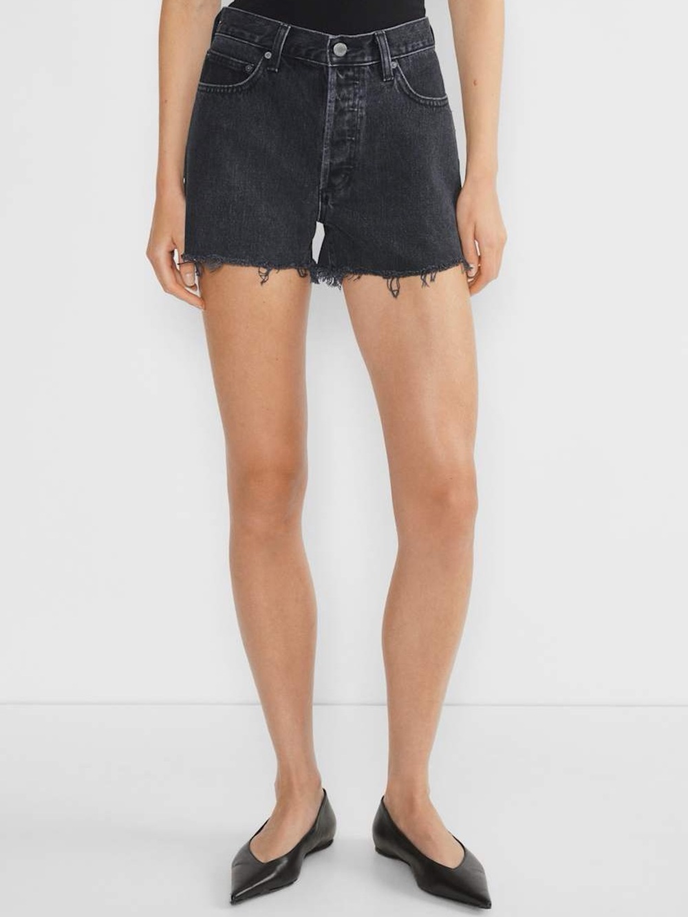 Denim Forum Black Button-Fly Distressed High-Rise Jean Shorts